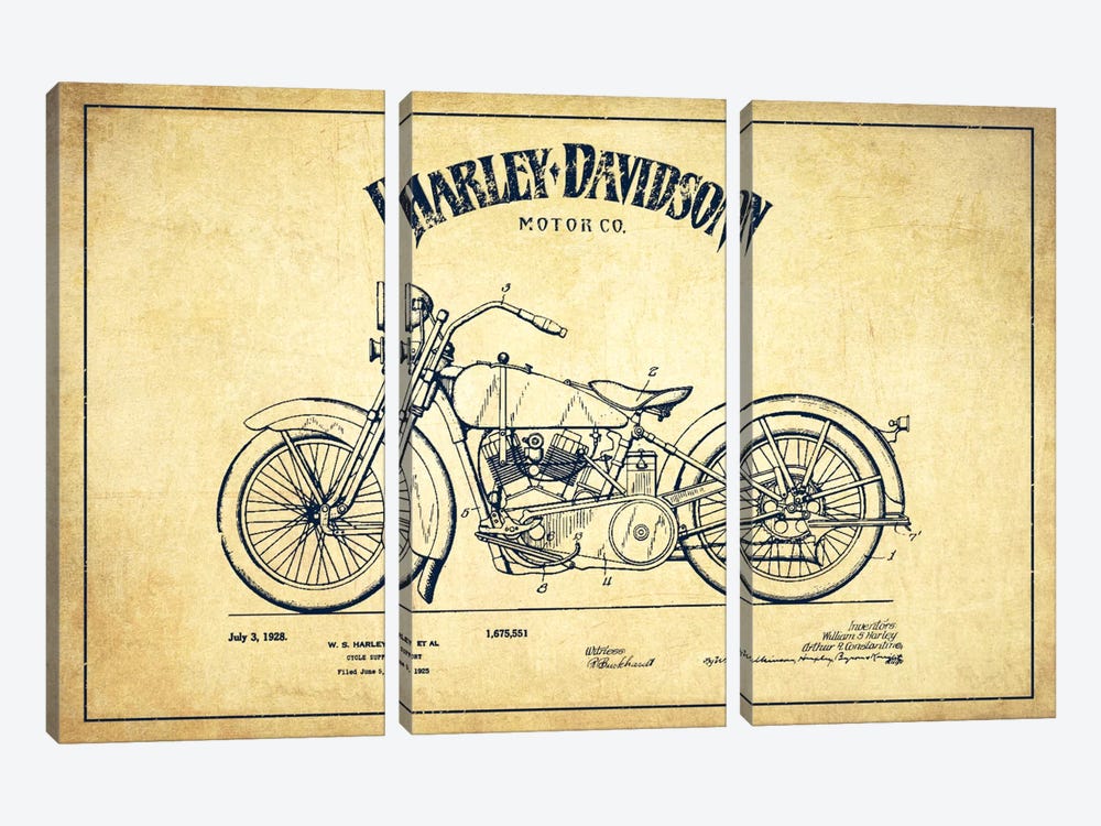 Harley-Davidson Vintage Patent Blueprint by Aged Pixel 3-piece Canvas Artwork