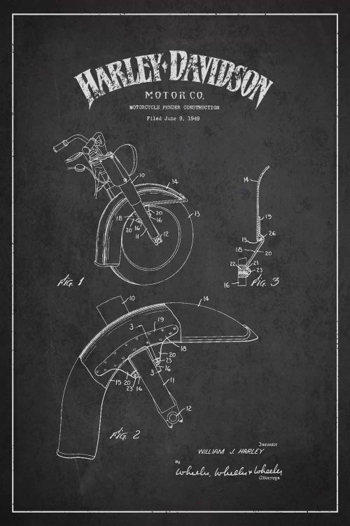 Harley-Davidson Motorcycle Fender Patent Application Blueprint (Charcoal)