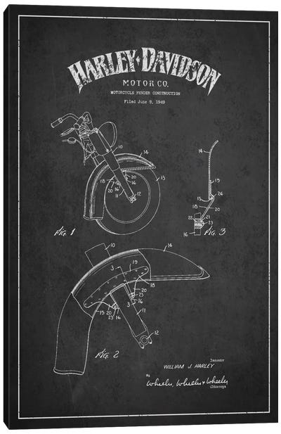 Harley-Davidson Motorcycle Fender Patent Application Blueprint (Charcoal) Canvas Art Print - Motorcycle Blueprints