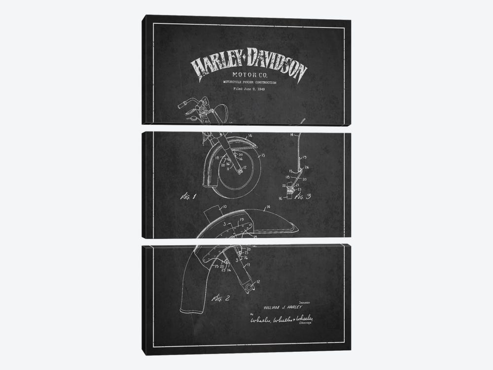 Harley-Davidson Motorcycle Fender Patent Application Blueprint (Charcoal) by Aged Pixel 3-piece Canvas Art