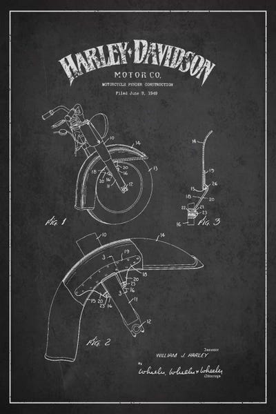 Motorcycle Blueprints: Harley-Davidson Motorcycle Fender Patent Application Blueprint (Charcoal) by Aged Pixel