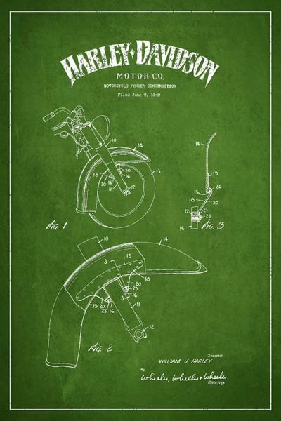 Harley-Davidson Motorcycle Fender Patent Application Blueprint (Green) by Aged Pixel canvas print