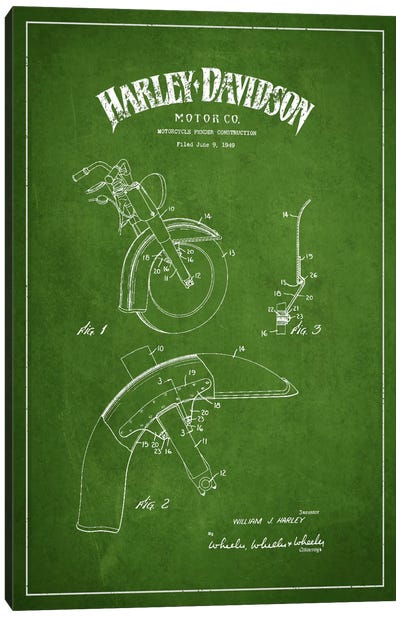Harley-Davidson Motorcycle Fender Patent Application Blueprint (Green) Canvas Art Print - Aged Pixel: Motorcycles