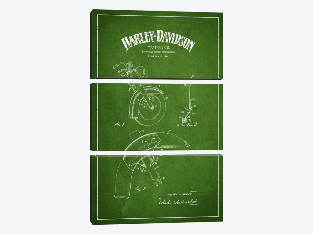 Harley-Davidson Motorcycle Fender Patent Application Blueprint (Green) by Aged Pixel 3-piece Canvas Print