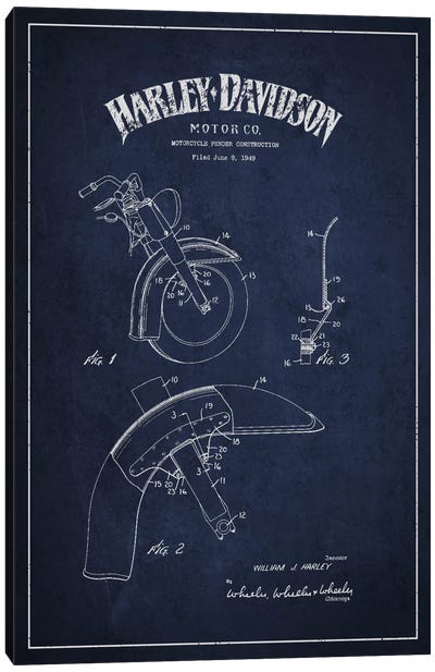 Harley-Davidson Motorcycle Fender Patent Application Blueprint (Navy) Canvas Art Print - Motorcycle Blueprints