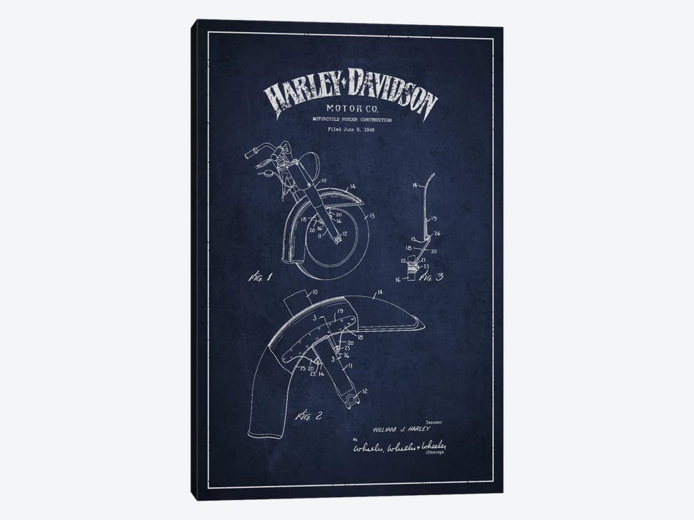 Harley-Davidson Motorcycle Fender Patent Application Blueprint (Navy) by Aged Pixel 1-piece Canvas Artwork