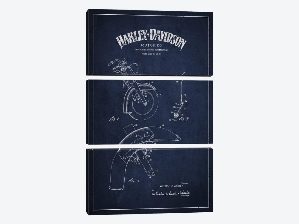 Harley-Davidson Motorcycle Fender Patent Application Blueprint (Navy) by Aged Pixel 3-piece Canvas Art
