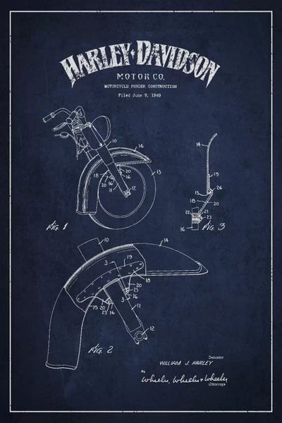Motorcycle Blueprints: Harley-Davidson Motorcycle Fender Patent Application Blueprint (Navy) by Aged Pixel