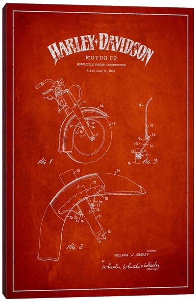 Harley-Davidson Motorcycle Fender Patent Application Blueprint (Red) Canvas Art Print - Motorcycle Blueprints