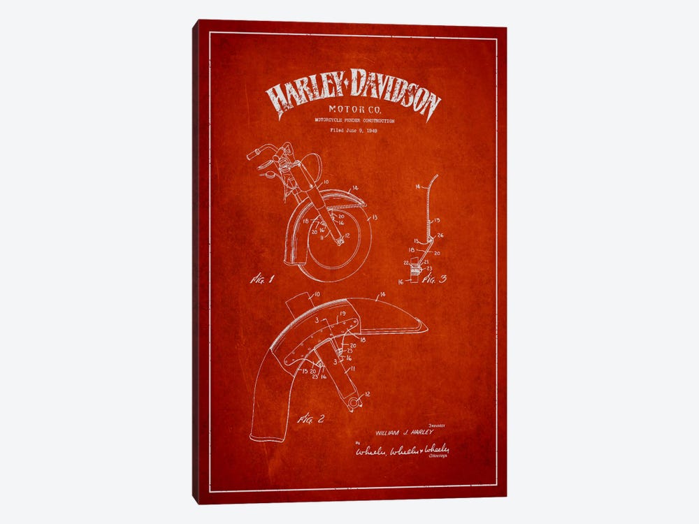 Harley-Davidson Motorcycle Fender Patent Application Blueprint (Red) by Aged Pixel 1-piece Canvas Print