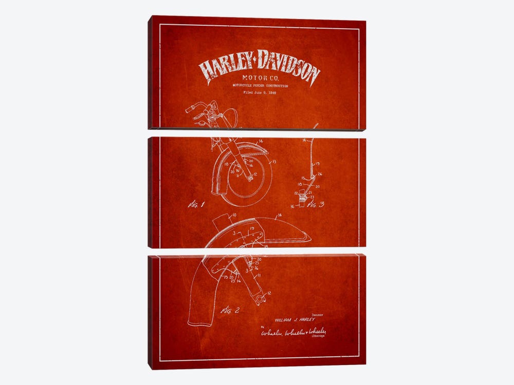 Harley-Davidson Motorcycle Fender Patent Application Blueprint (Red) by Aged Pixel 3-piece Canvas Print