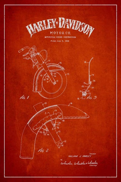Motorcycle Blueprints: Harley-Davidson Motorcycle Fender Patent Application Blueprint (Red) by Aged Pixel