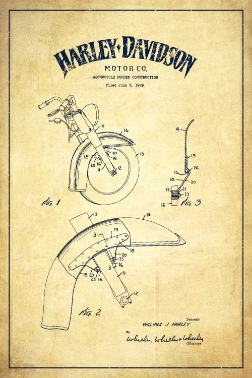 Harley-Davidson Motorcycle Fender Patent Application Blueprint (Vintage Beige)