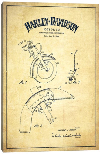 Harley-Davidson Motorcycle Fender Patent Application Blueprint (Vintage Beige) Canvas Art Print - Motorcycle Blueprints