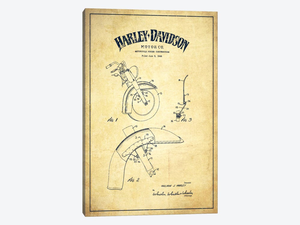 Harley-Davidson Motorcycle Fender Patent Application Blueprint (Vintage Beige) by Aged Pixel 1-piece Canvas Art