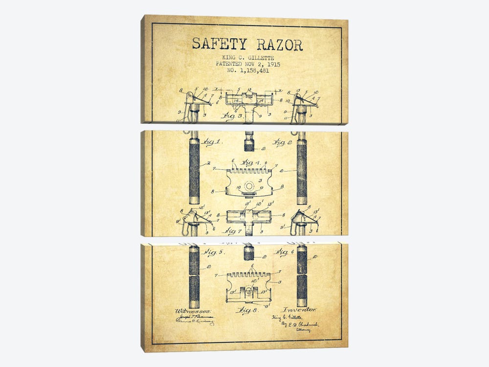 Razor Vintage Patent Blueprint by Aged Pixel 3-piece Canvas Print
