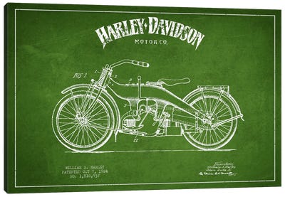 Harley-Davidson Green Patent Blueprint Canvas Art Print - Motorcycle Blueprints