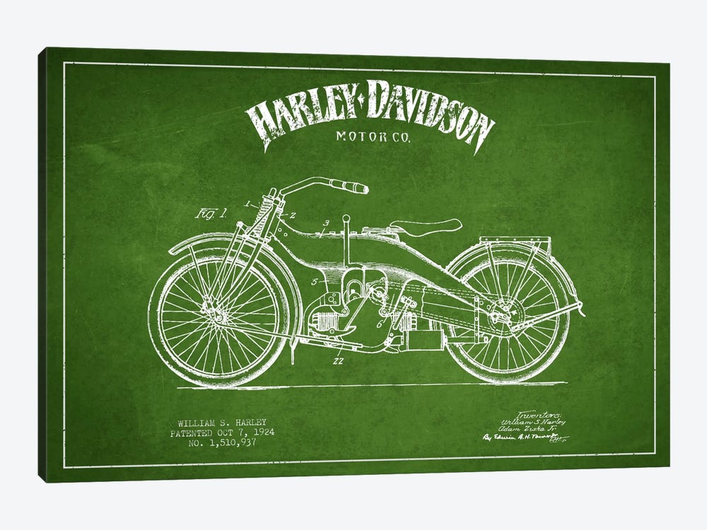 Harley-Davidson Green Patent Blueprint by Aged Pixel 1-piece Canvas Art