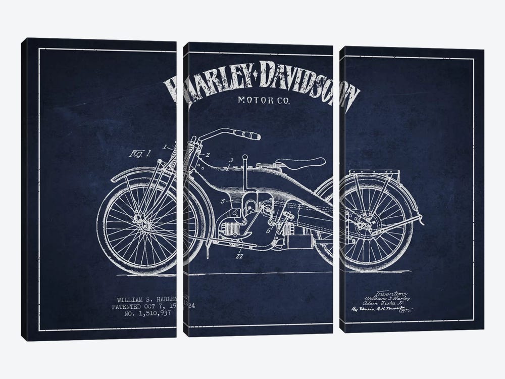Harley-Davidson Navy Blue Patent Blueprint by Aged Pixel 3-piece Canvas Art Print