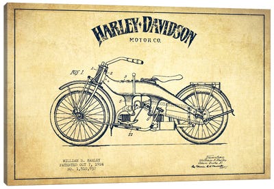 Harley-Davidson Vintage Patent Blueprint Canvas Art Print - Aged Pixel: Motorcycles