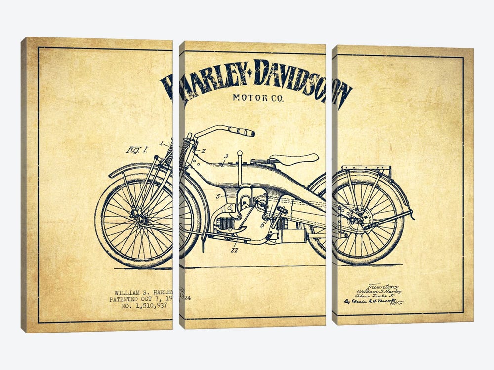 Harley-Davidson Vintage Patent Blueprint by Aged Pixel 3-piece Art Print