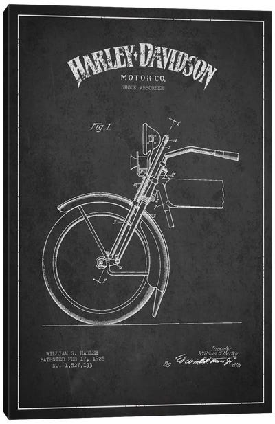Harley-Davidson Motorcycle Shock Absorber Patent Application Blueprint (Charcoal) Canvas Art Print - Aged Pixel: Motorcycles