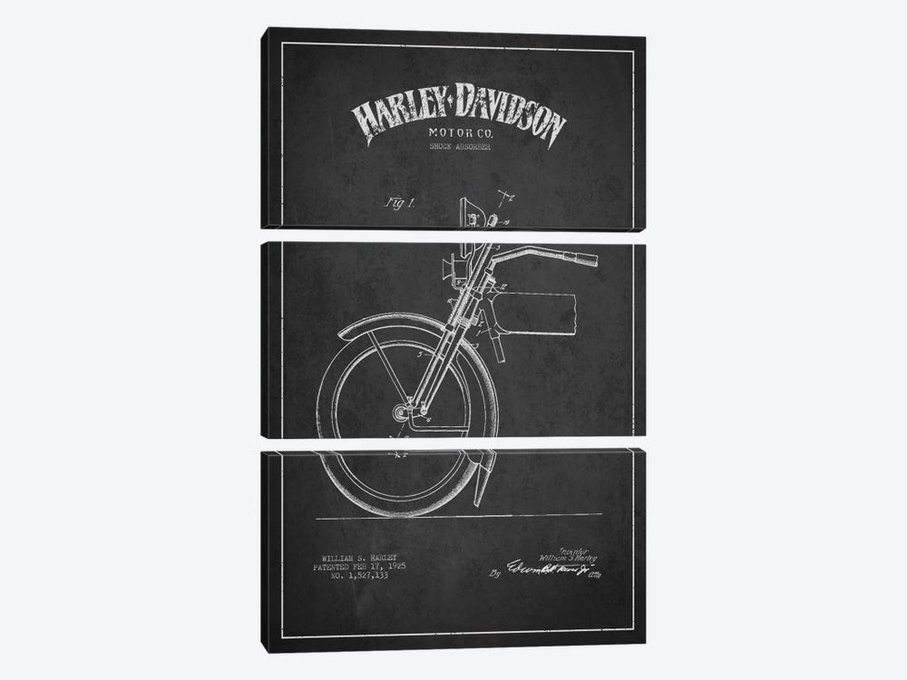 Harley-Davidson Motorcycle Shock Absorber Patent Application Blueprint (Charcoal) by Aged Pixel 3-piece Canvas Art