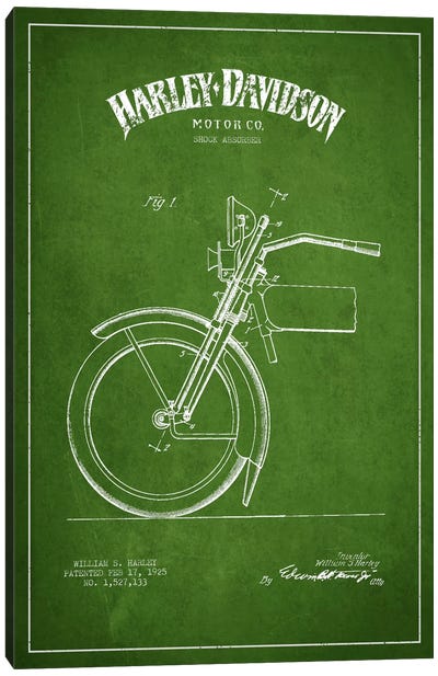 Harley-Davidson Motorcycle Shock Absorber Patent Application Blueprint (Green) Canvas Art Print - Motorcycle Blueprints