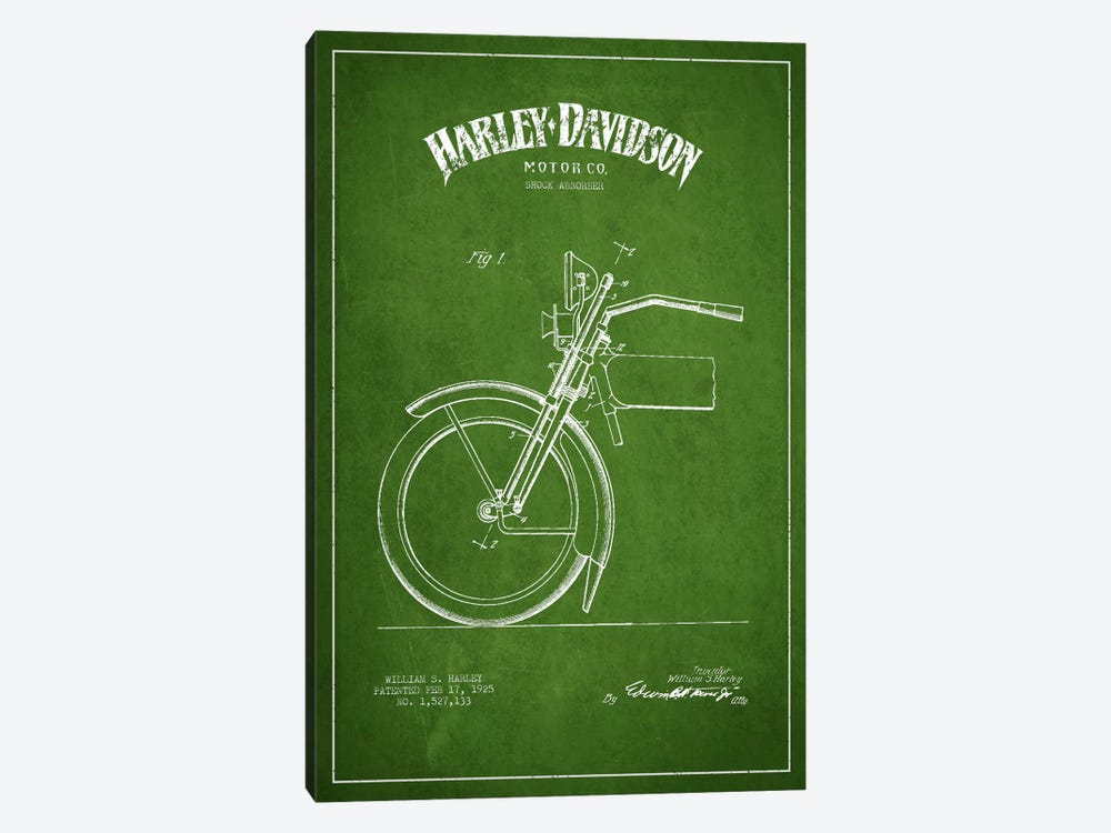 Harley-Davidson Motorcycle Shock Absorber Patent Application Blueprint (Green) 1-piece Canvas Print