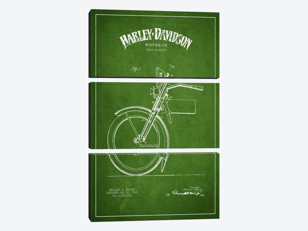 Harley-Davidson Motorcycle Shock Absorber Patent Application Blueprint (Green) by Aged Pixel 3-piece Art Print