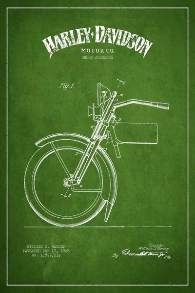 Motorcycle Blueprints: Harley-Davidson Motorcycle Shock Absorber Patent Application Blueprint (Green) by Aged Pixel