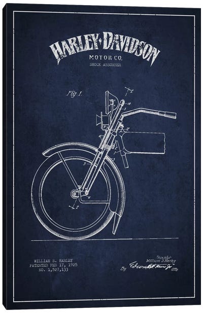 Harley-Davidson Motorcycle Shock Absorber Patent Application Blueprint (Navy) Canvas Art Print - Motorcycle Blueprints