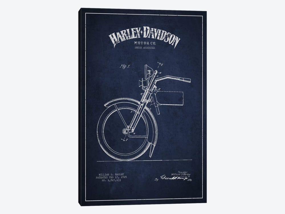 Harley-Davidson Motorcycle Shock Absorber Patent Application Blueprint (Navy) by Aged Pixel 1-piece Canvas Artwork