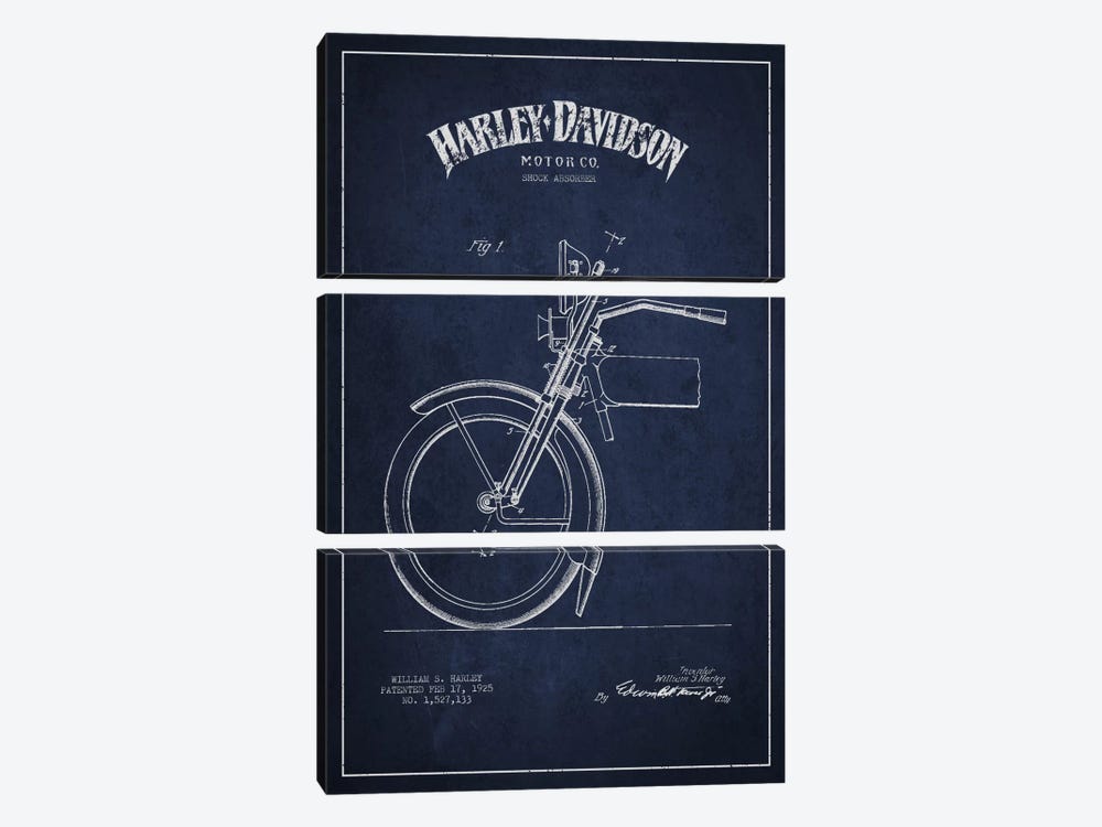 Harley-Davidson Motorcycle Shock Absorber Patent Application Blueprint (Navy) by Aged Pixel 3-piece Canvas Wall Art