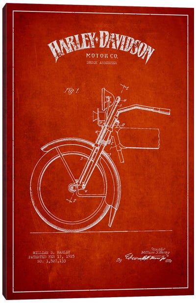 Harley-Davidson Motorcycle Shock Absorber Patent Application Blueprint (Red) Canvas Art Print - Aged Pixel: Motorcycles