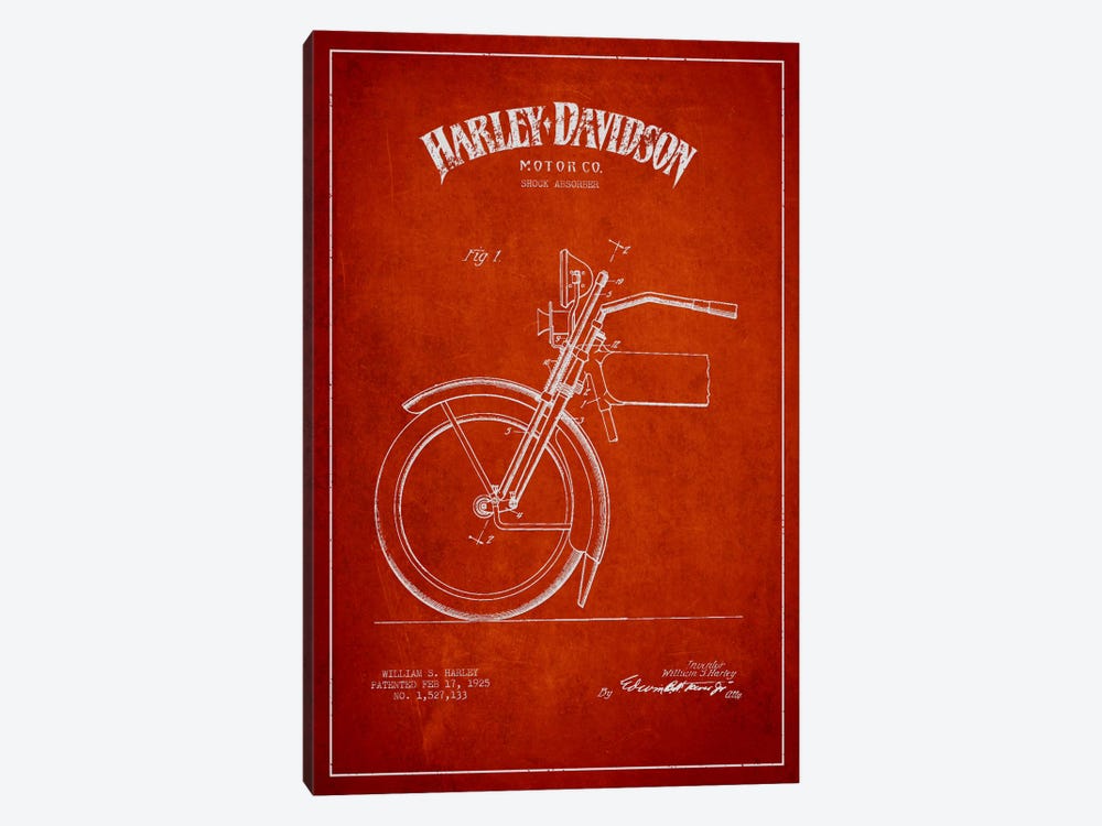 Harley-Davidson Motorcycle Shock Absorber Patent Application Blueprint (Red) by Aged Pixel 1-piece Canvas Print