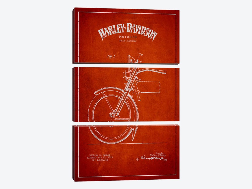 Harley-Davidson Motorcycle Shock Absorber Patent Application Blueprint (Red) by Aged Pixel 3-piece Canvas Art Print