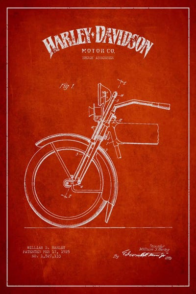 Motorcycles: Harley-Davidson Motorcycle Shock Absorber Patent Application Blueprint (Red) by Aged Pixel
