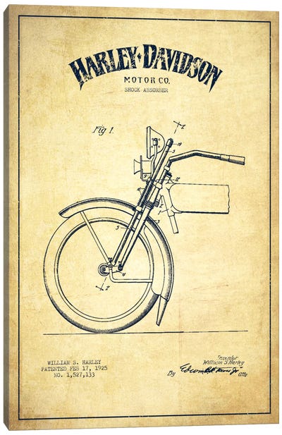 Harley-Davidson Motorcycle Shock Absorber Patent Application Blueprint (Vintage Beige) Canvas Art Print - Aged Pixel: Motorcycles