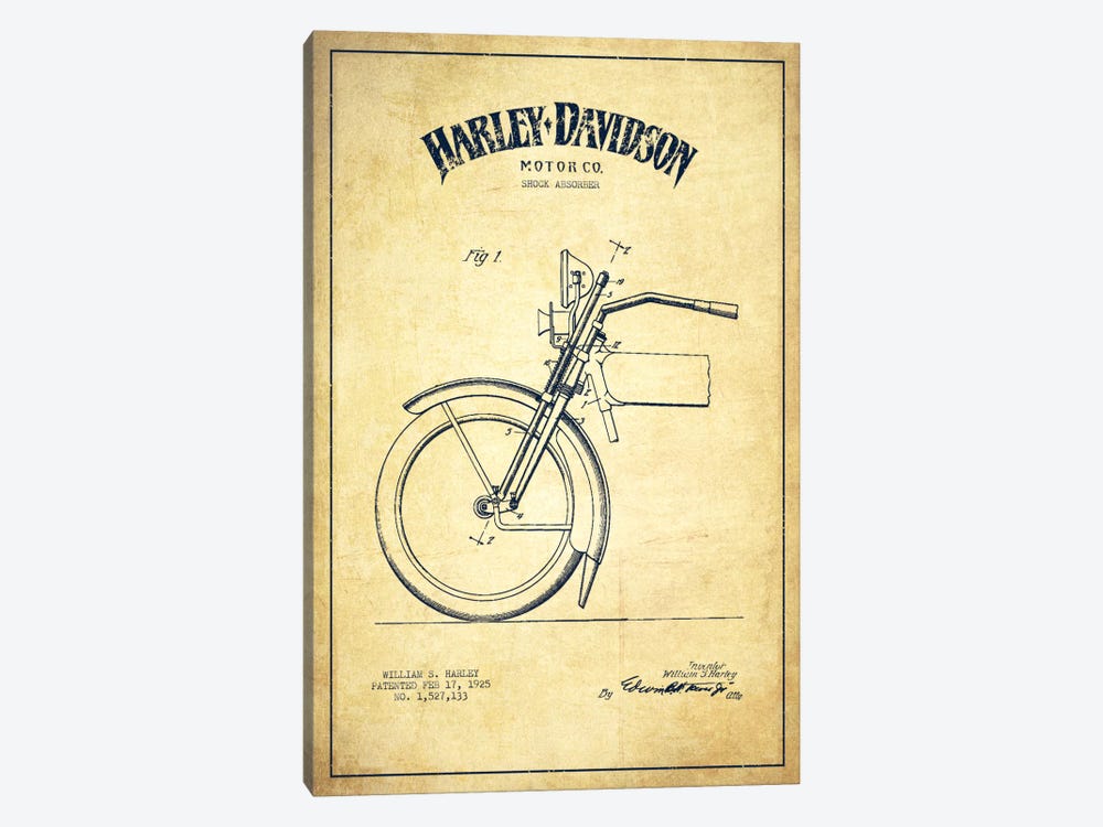 Harley-Davidson Motorcycle Shock Absorber Patent Application Blueprint (Vintage Beige) by Aged Pixel 1-piece Canvas Artwork