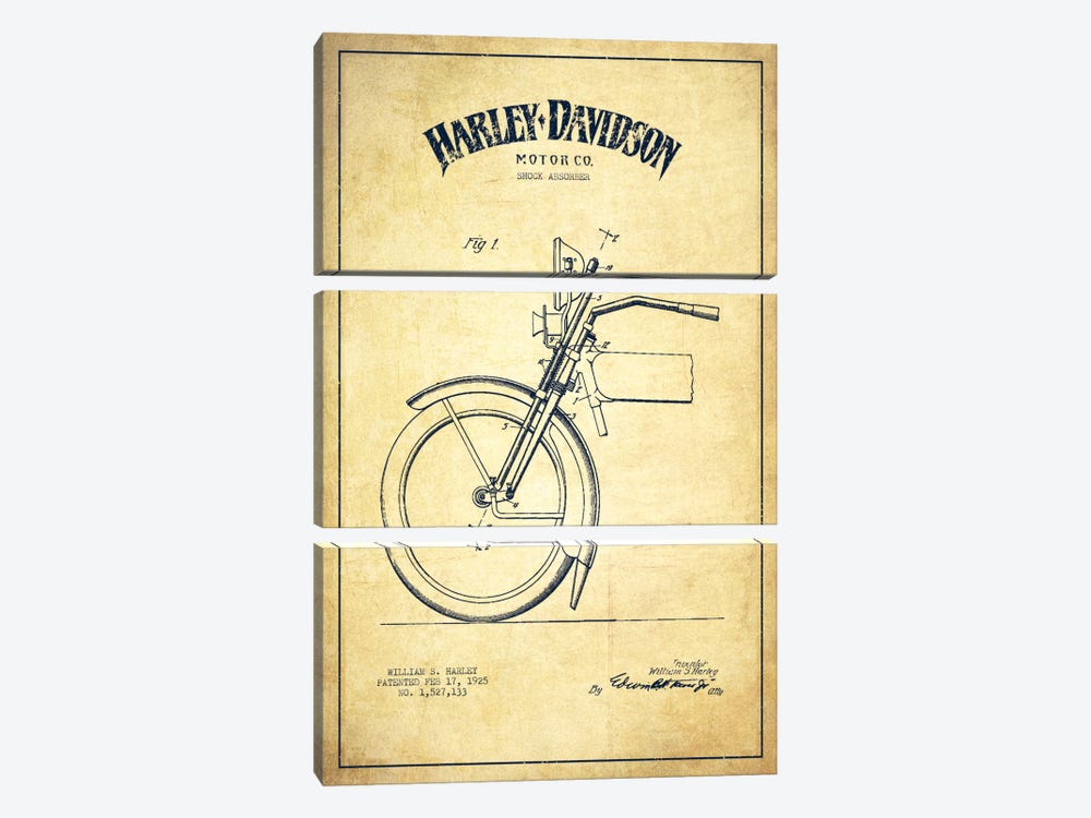 Harley-Davidson Motorcycle Shock Absorber Patent Application Blueprint (Vintage Beige) by Aged Pixel 3-piece Canvas Artwork