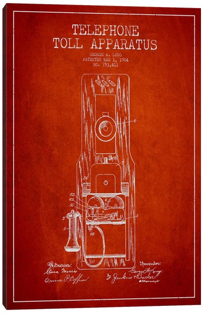 Long Telephone Toll Red Patent Blueprint Canvas Art Print - Electronics & Communication Blueprints