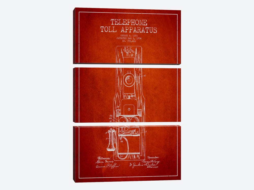 Long Telephone Toll Red Patent Blueprint by Aged Pixel 3-piece Canvas Print