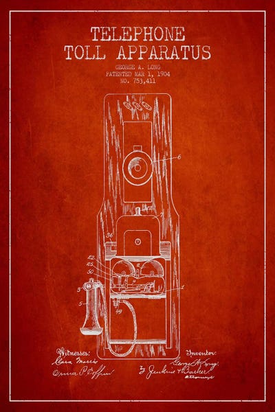 Electronics & Communication Blueprints: Long Telephone Toll Red Patent Blueprint by Aged Pixel