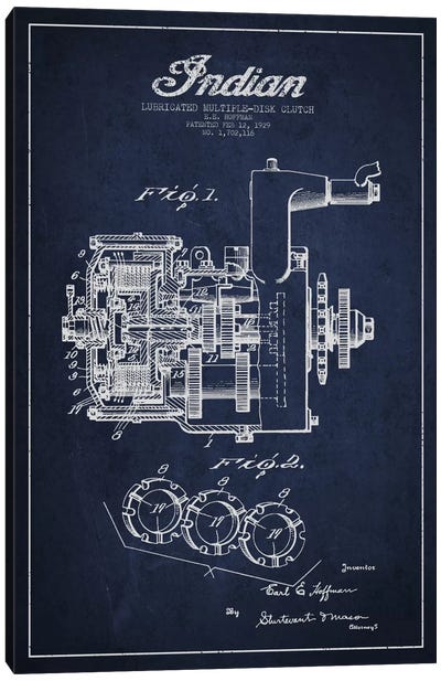 Indian Clutch Navy Blue Patent Blueprint Canvas Art Print - Motorcycle Blueprints
