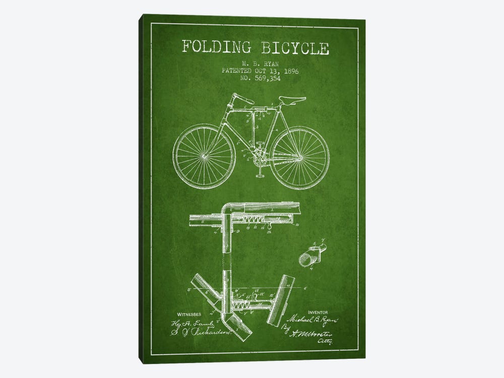 Bike Green Patent Blueprint by Aged Pixel 1-piece Canvas Wall Art