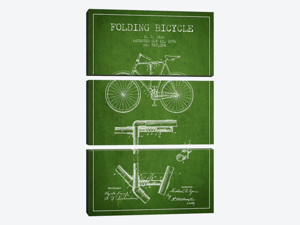 Bike Green Patent Blueprint 3-piece Canvas Artwork