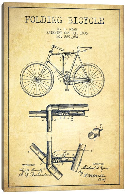 Bike Vintage Patent Blueprint Canvas Art Print - Aged Pixel: Sports