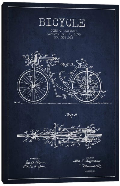 Raymond Bike Navy Blue Patent Blueprint Canvas Art Print - Bicycle Art