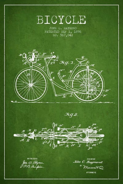 Raymond Bike Green Patent Blueprint by Aged Pixel canvas print